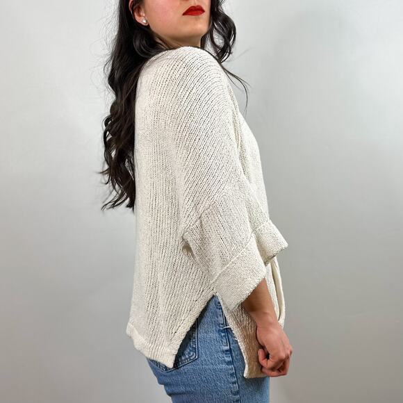 Free People Cream Oversized V-Neck Open Knit Front Pocket Sweater - Picture 4 of 7